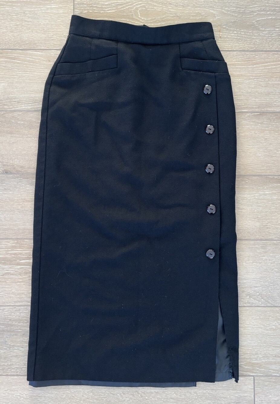 Vintage Michele Retro Black 100% Wool Midi Button Front Skirt Pockets Size 6